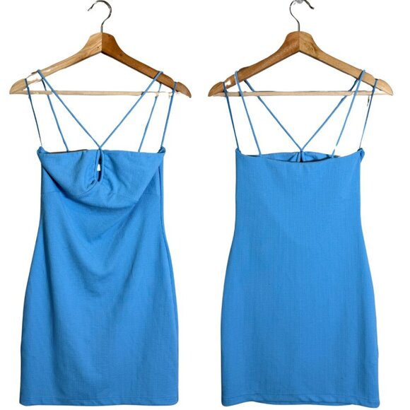 Mango Crisscross Strap Bodycon Mini Dress Women's 2 Blue Going Out Ribbed NWOT - Picture 3 of 14